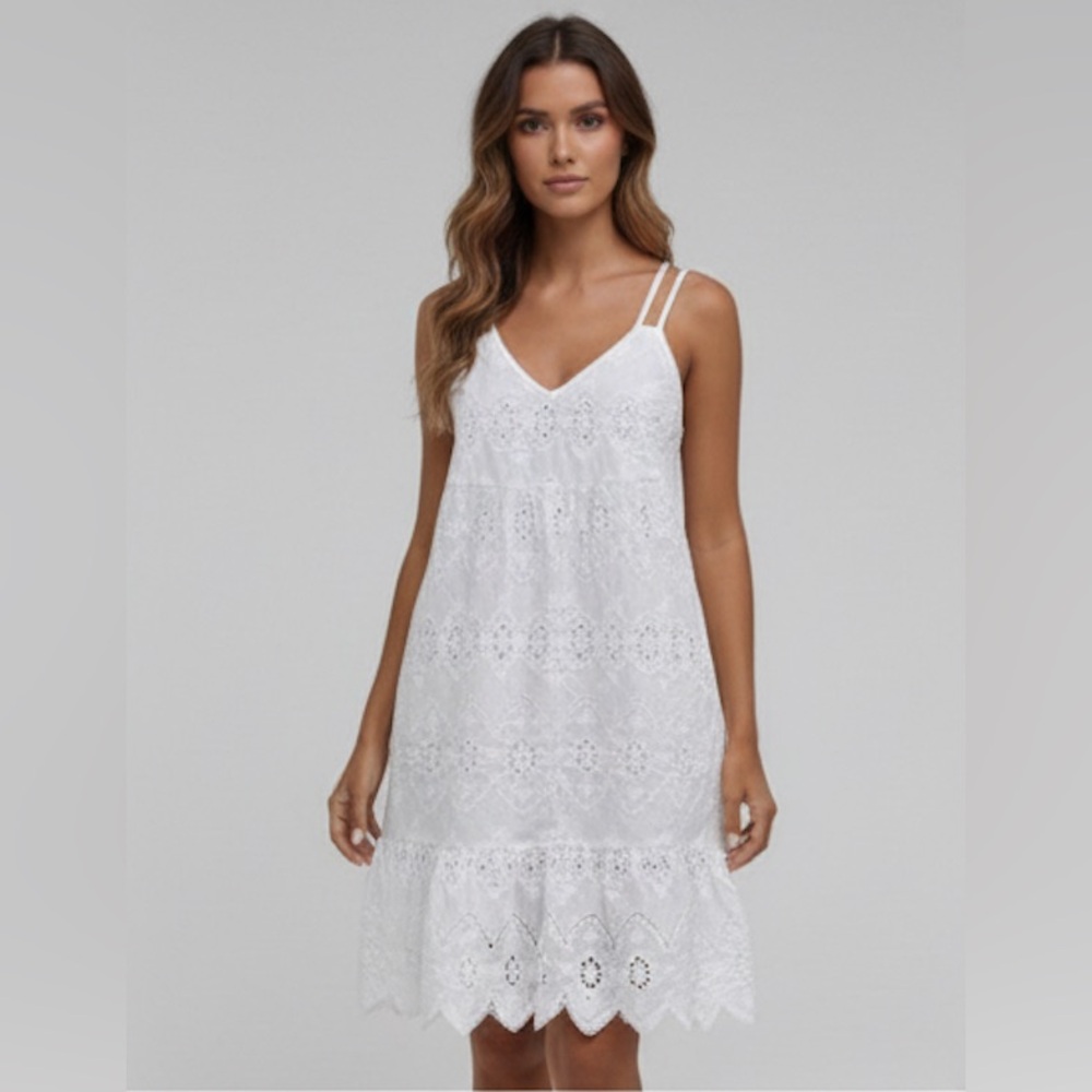 French Eyelet Embroidery Ruffle Hem Cami Dress White